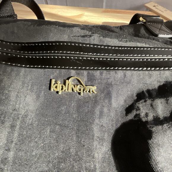 Kipling Black Nylon Tote Bag Gold Logo Patent Trim Large Shoulder Travel Work - Picture 8 of 14